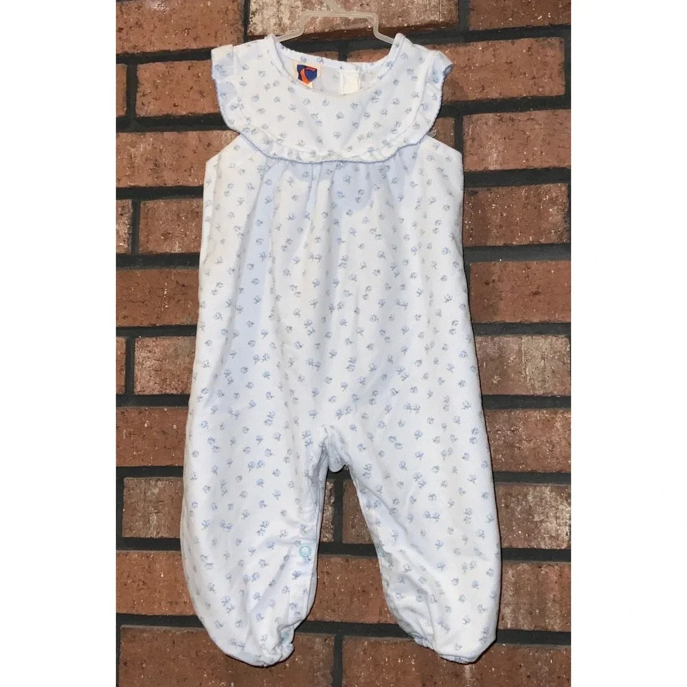 Vintage Carter's White Blue Floral Sleeveless Romper Overalls Size 12M